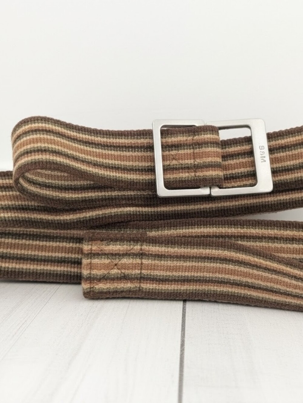 Vtg Korean S&m brown stripped textile belt with metal Buckle